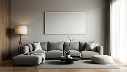 Minimalist living room with a large grey sectional sofa modern coffee table floor lamp and blank canvas on the wall