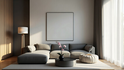 Modern living room with a sectional sofa floor lamp coffee table and blank canvas for artwork