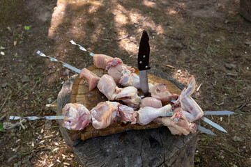 Three skewers of chicken meat on a stump.