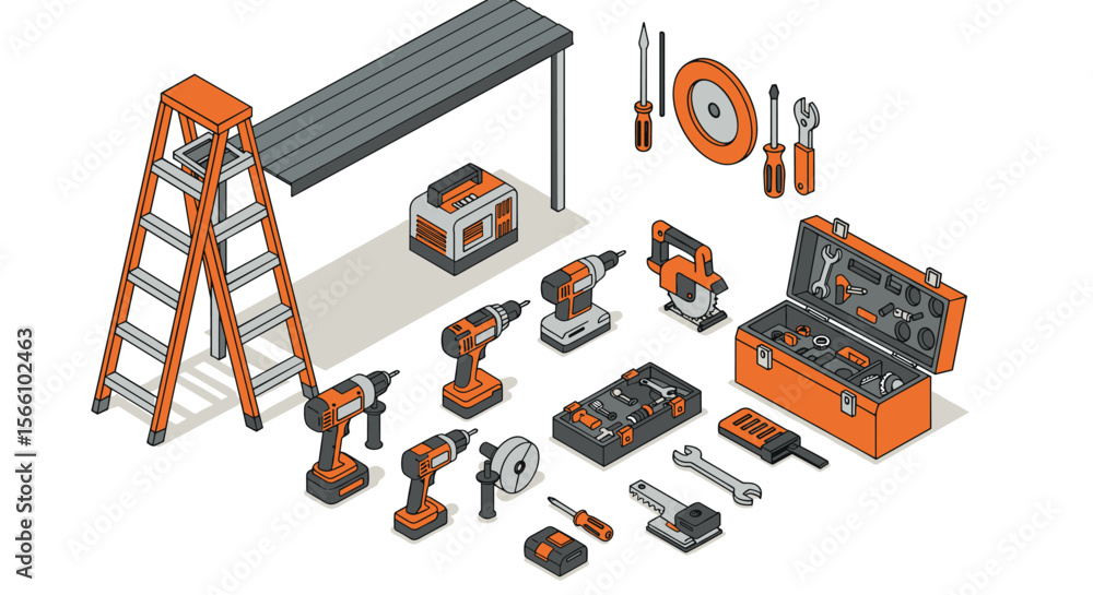 Poster comprehensive tool set vector illustration: workshop equipment for diy projects in isometric style