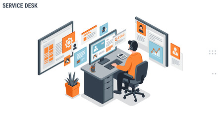 Customer support service desk vector illustration for business technology design in isometric style