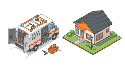 Home repair service vector illustration: isometric design for posters and cards