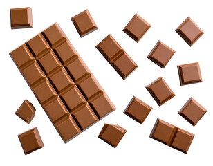 Fototapeta premium Smooth milk chocolate bar and delightful individual pieces artfully arranged for a tempting sweet indulgence.