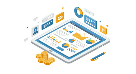 Isometric vector illustration of digital analytics on a tablet device for business finance concept