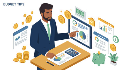 Budget planning vector illustration for financial tips in isometric style design