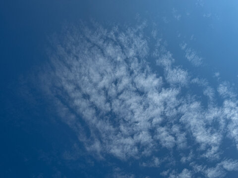 Clear blue sky adorned with scattered, wispy white altocumulus clouds, creating a peaceful and expansive natural backdrop.