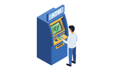 Isometric vector illustration of a person using an atm for banking and financial transactions