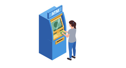 Isometric bank atm usage vector illustration for financial services and technology education