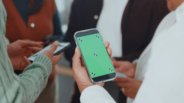 Business people, hands or social network with phone screen or mockup for data sync or sharing app. Group, employees or mobile smartphone display with team for UI, UX or media platform in workplace