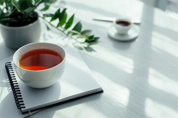Vibrant Color Image of a Minimalist Desk with a Business Planner and a Cup of Tea