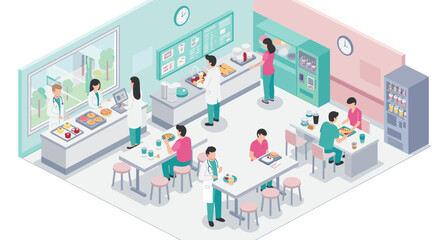 Hospital cafeteria scene vector illustration: isometric medical staff dining art for design and print