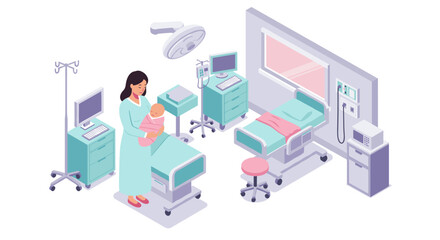 Obraz premium Isometric vector illustration of hospital maternity ward scene for nursing care design