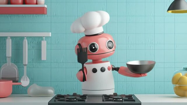 Cute cartoon robot chef preparing food in kitchen  
