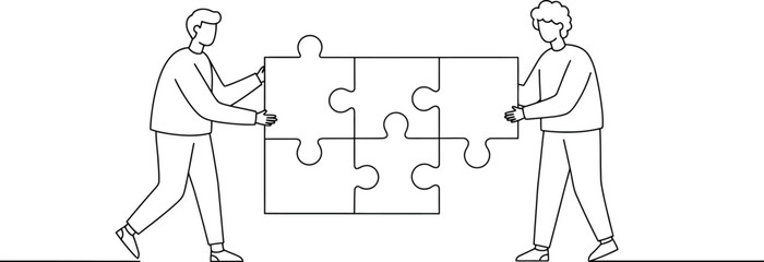 Teamwork puzzle collaboration concept people connecting jigsaw pieces business strategy solution together vector illustration