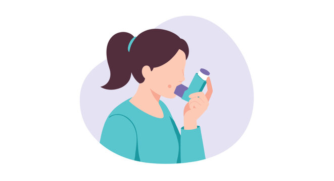 Young woman using inhaler for asthma relief vector illustration - health awareness design in flat style - Powered by Adobe