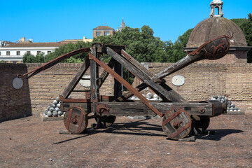 ancient catapult, for launching projectiles, located in a tower of the Castel Sant'Angelo,