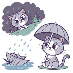 Sad cats in rain with umbrella and sinking boat kitten