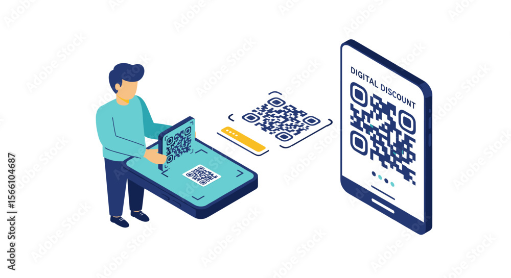 Poster digital discount interaction: isometric vector illustration for mobile payment and qr code scanning 
