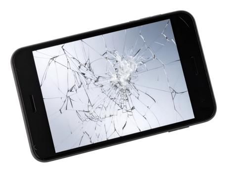A sleek mobile device features a dramatically fractured screen, showing extensive glass damage.