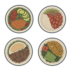 Naklejka premium Variety of Healthy Meal Plates - Hand-Drawn Food Illustration Set PNG