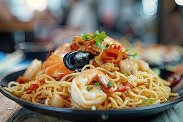 Clear Pixel Visual of Pile of Seafood Noodles on a Plate with Restaurant Background