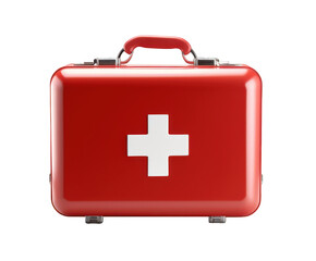 A red first aid kit with a white cross is isolated on transparent background
