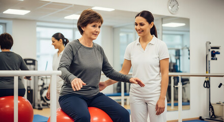 Stability ball balancing exercise in rehab clinic with therapist