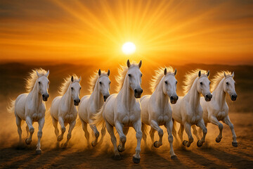 seven horse gallop in backdrop of sunrise , vastu wall paper for wealth and happiness 