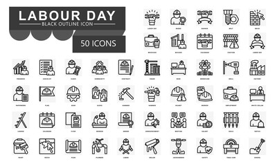 Labor day black outline icons set. contain labor day, badge, banner, worker, calendar, award, notice, factory, flyer, labor, bolt and more. Vector for modern concept, UI, UX, web and app development.