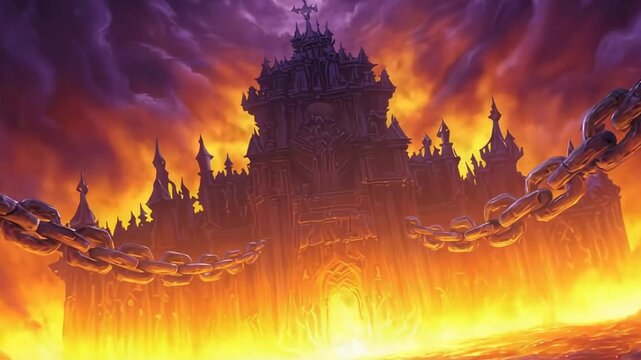 Dark fantasy landscape with a fiery hellscape and ominous castle in the background during twilight
