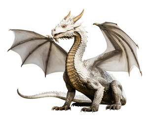 Obraz premium A majestic white fantasy dragon with golden accents sits powerfully, its wings spread slightly, gazing intently.