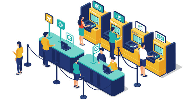 Bank queue management concept vector illustration, isometric style for digital payment systems and customer service design
