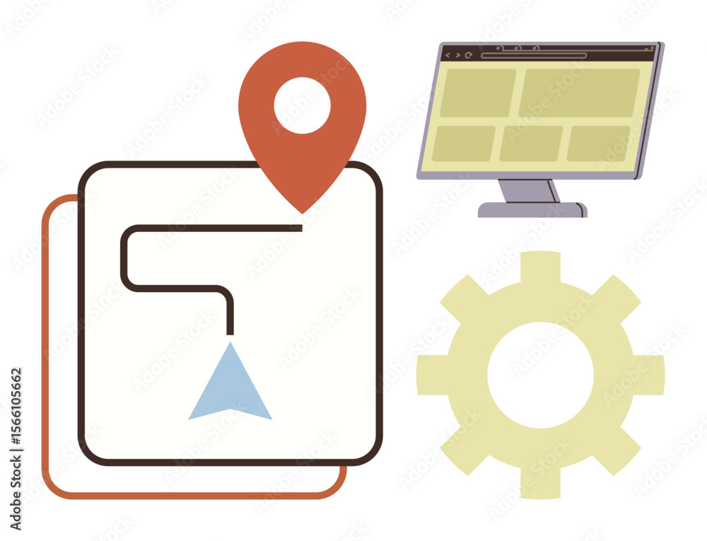 Poster map path with location pin, computer screen interface, and gear icon representing navigation, planni