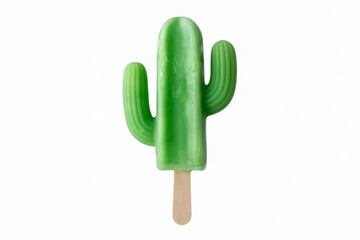 A green cactus on popsicle stick, white background. Creative cactus ice cream on a white background. isolated, white background