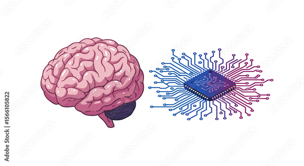 Poster human brain and microchip vector illustration - conceptualizing technology integration