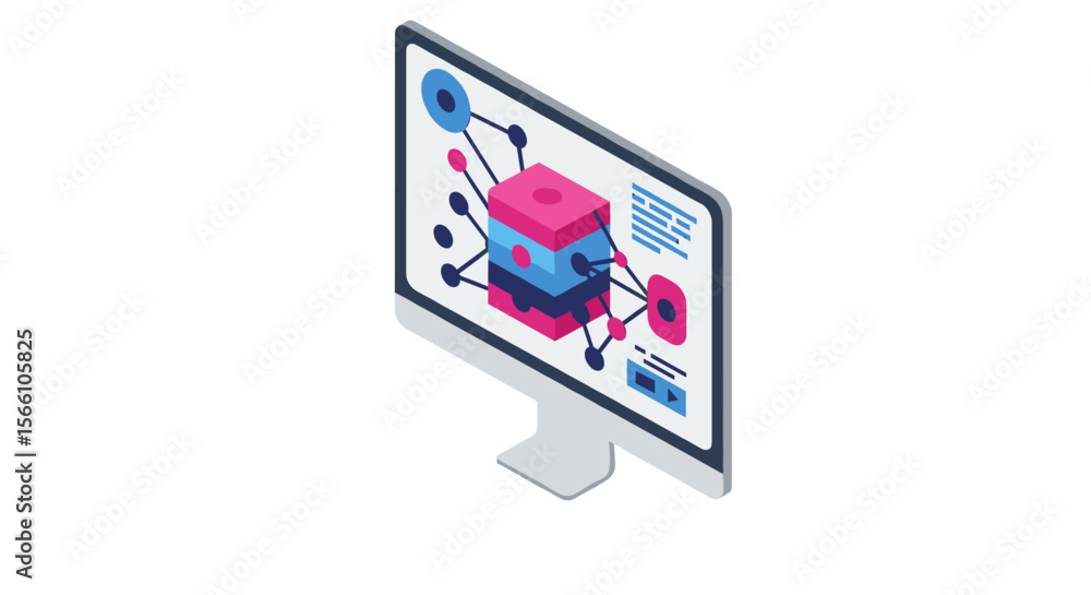 Poster abstract technology network on computer screen in isometric vector illustration for digital design c