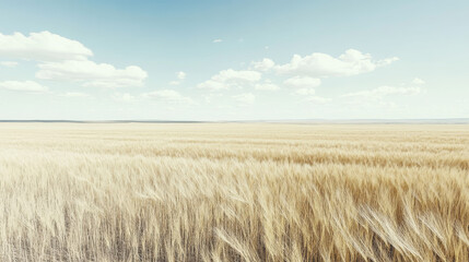 Obraz premium Vast golden wheat field stretches under a clear blue sky. Serene landscape evokes feelings of peace and natural beauty.