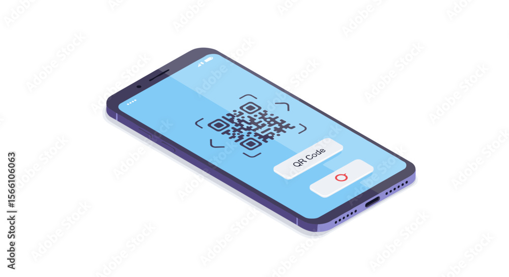 Poster qr code scanning vector illustration: digital payment concept in isometric style for tech design