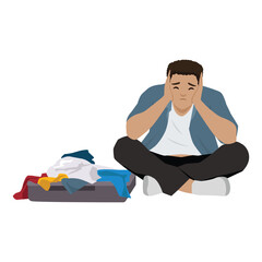 Confused Man Struggling to Pack a Suitcase. Flat vector illustration isolated on white background