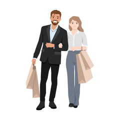 Happy Couple Enjoying a Shopping Day. Flat vector illustration isolated on white background