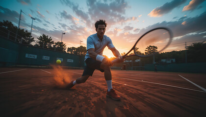 Male Tennis Player Hitting Forehand on Clay Court at Sunset
