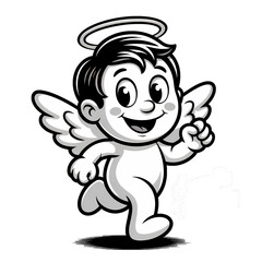 Cute cartoon angel character with halo and wings in playful pose conveying happiness and joy