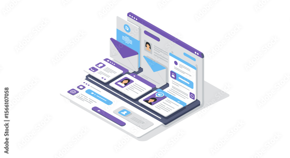 Poster digital communication interface vector illustration: isometric layout for web and app design