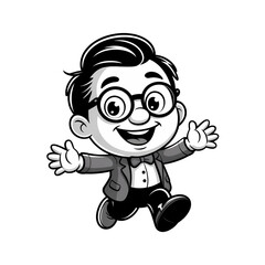 Fototapeta premium Charming young boy in glasses and bow tie joyfully running with open arms in a black and white illustration