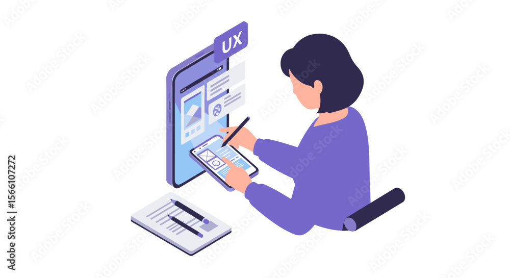 Poster ux design process vector illustration in modern isometric style for digital creativity and developme