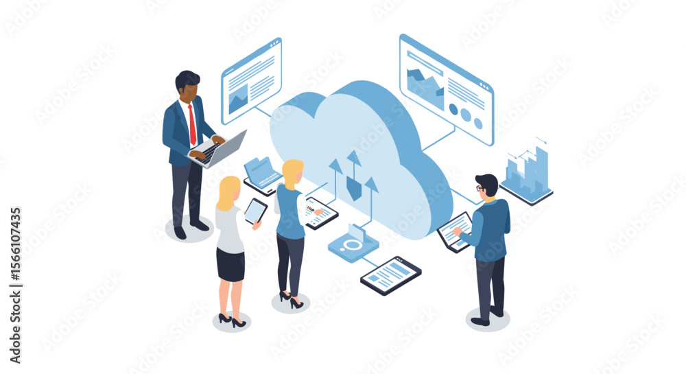 Aufkleber cloud computing teamwork vector illustration for business and technology communication design in fla