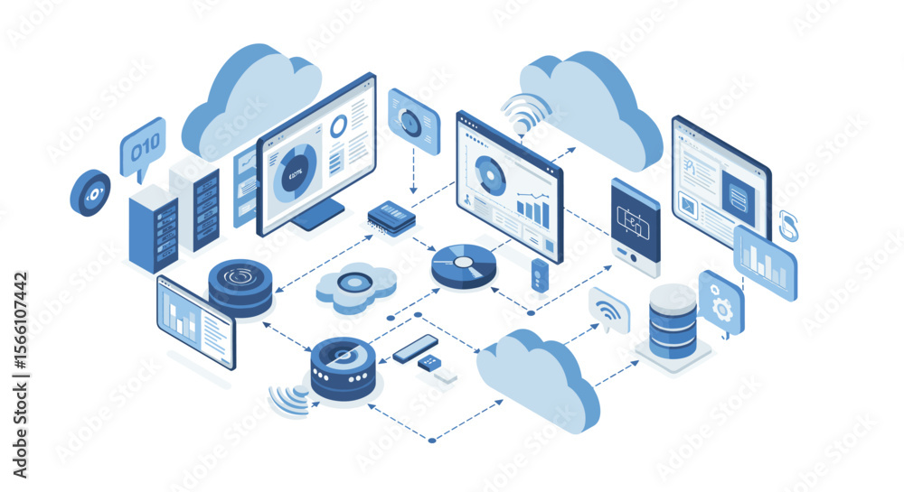 Poster cloud computing technology vector illustration - isometric design for digital transformation and dat