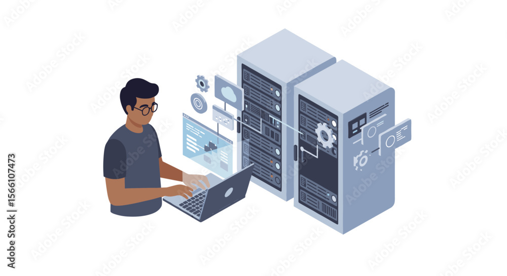 Poster data management concept vector illustration in isometric style for technology and it design