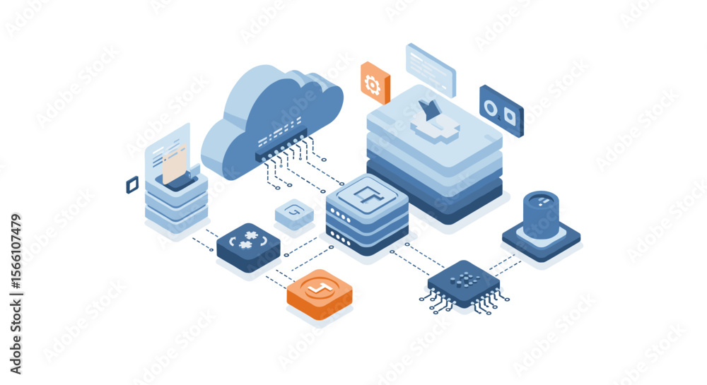 Poster cloud computing and data storage concept vector illustration for digital solutions in isometric styl