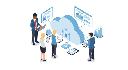 Cloud computing teamwork vector illustration for business and technology communication design in flat isometric style